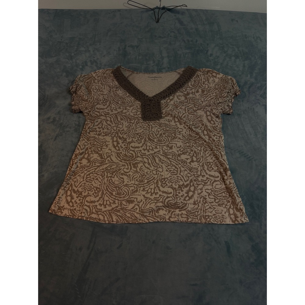 Croft & Barrow Womens Large Tan Brown Paisley V-Neck Crochet Trim Top Blouse